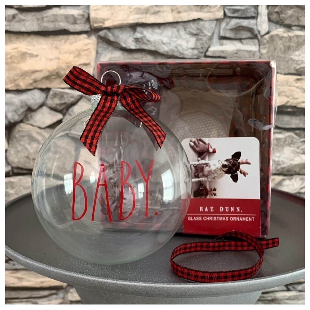 #31 Rae Dunn BABY Glass Red Christmas Tree Ball Ornament Holiday Ribbon Gift Box
